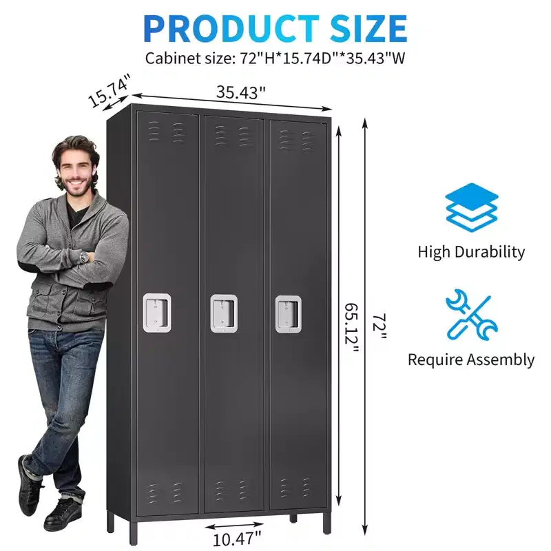3-Door Metal Locker with 9 Hooks & 3 Shelves, 72