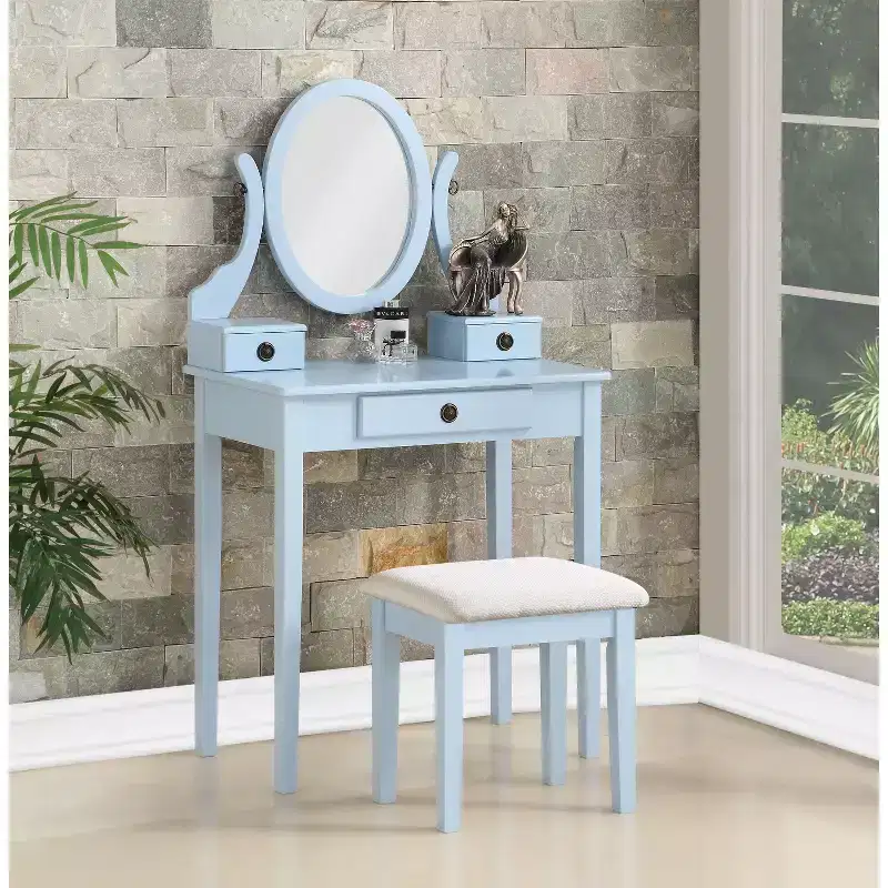 Okak Vanity Table and Chair Set, Wooden Makeup Vanity Table and Stool Set for Bedroom Living Room, with Elegant Mirror Oval Shape, Blue