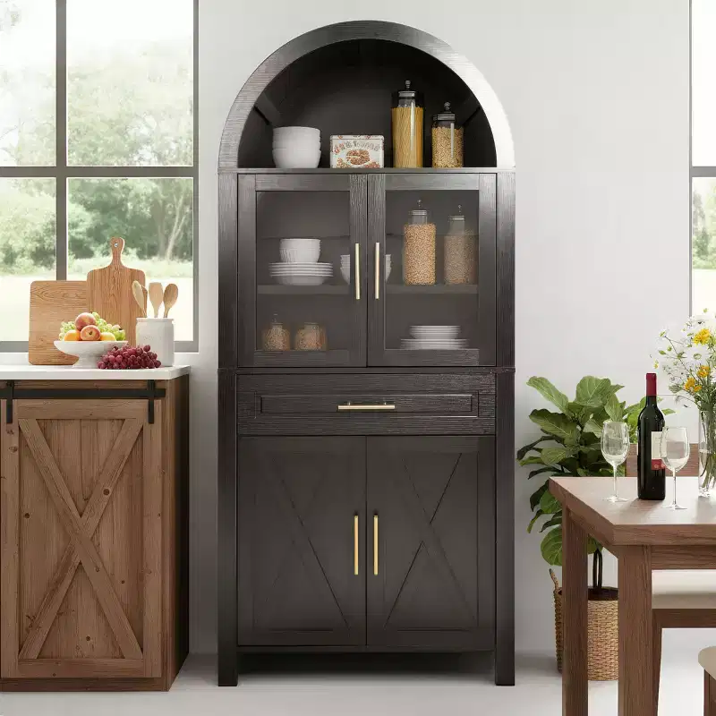 71 Tall Arched Glass Door Kitchen Pantry Cabinet, Freestanding Display Storage Cabinet for Kitchen, Dining Room, or Living Room-Panipeachy