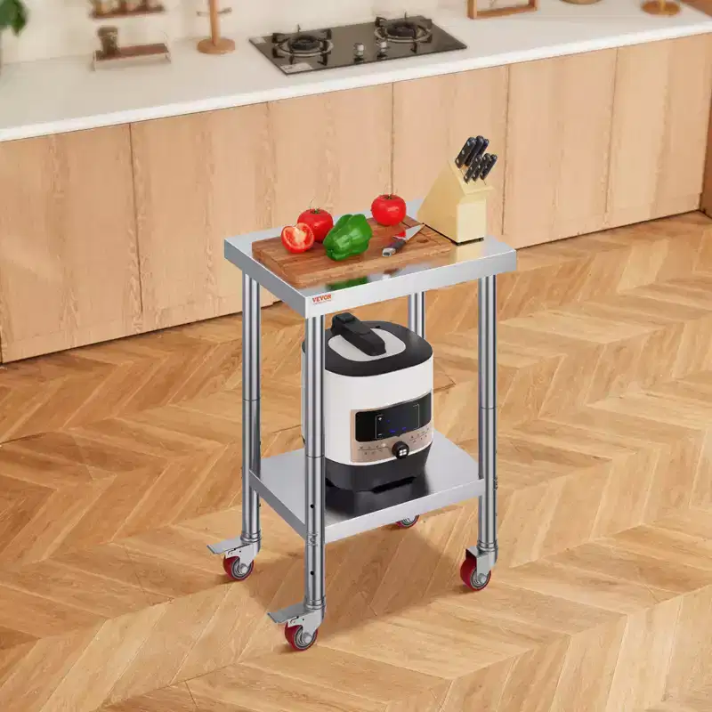 Stainless Steel Work Table 24 x 18 x 34 Inch, 700 LBS Load Capacity with 4 Wheels, 3 Adjustable Height Levels, Silver