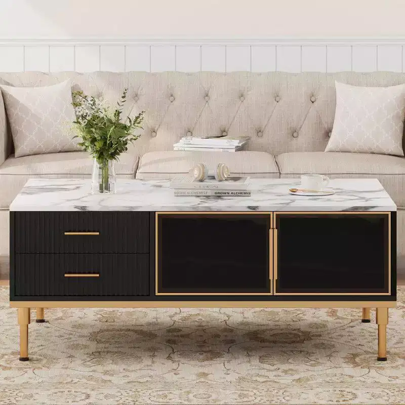 Coolmee Large Coffee Table for Living Room, Faux Marble Top with 4 Drawers & Glass Doors, Fluted Panel Design, Hidden Compartment and Storage Shelf