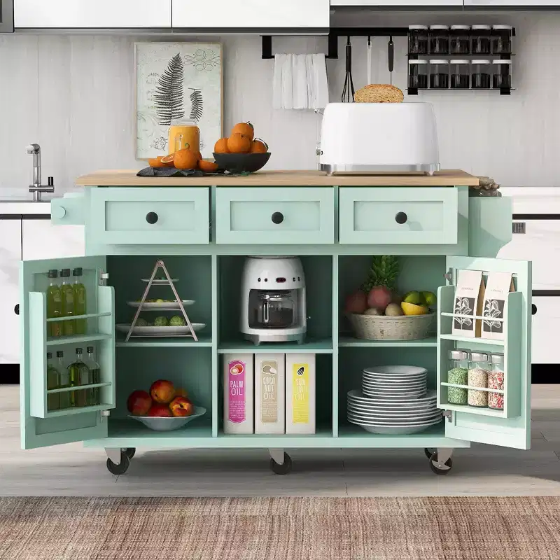 53.1 Inch Rolling Kitchen Island with Drop Leaf, Storage Cabinet and 3 Drawers