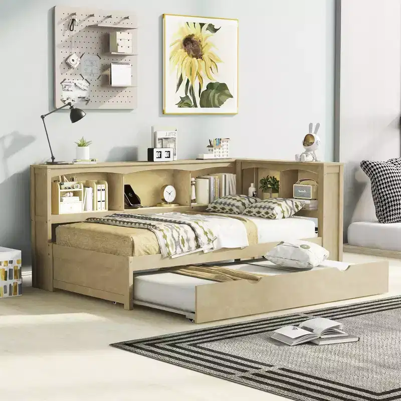 FAMYYT Twin Size Daybed With Space-saving Trundle, Storage Cabinets and USB Ports, Easy Assembly, Wood Color