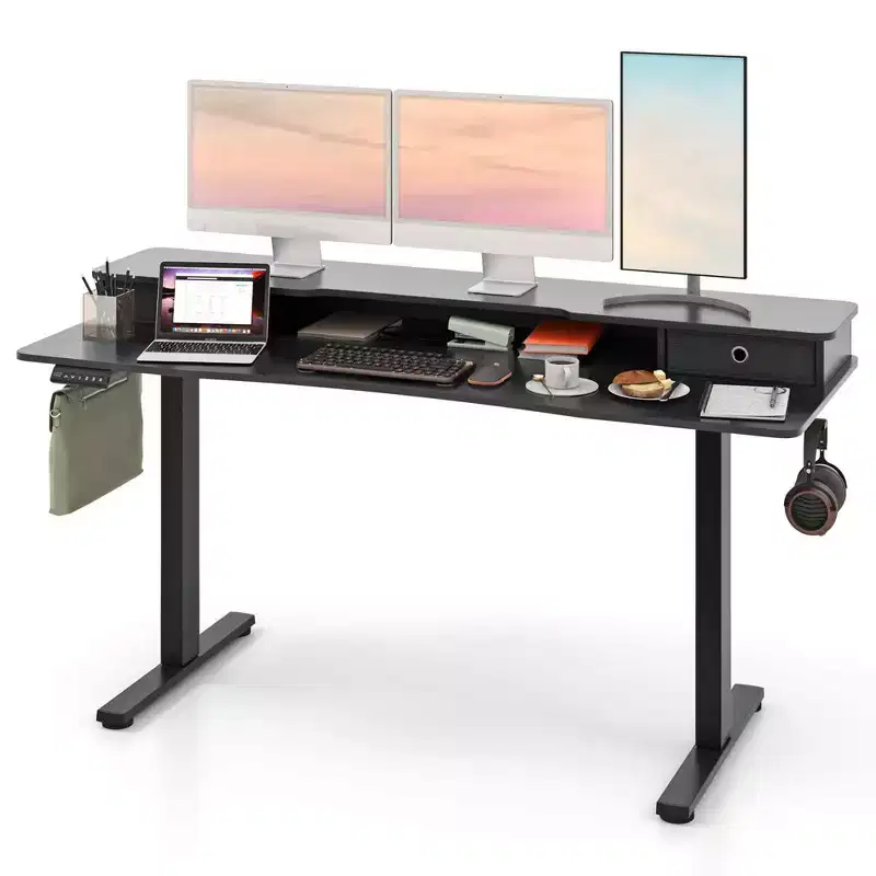 Costway 63 x 24 Electric Standing Desk with 2 Drawers Monitor Stand Storage Shelf Brown/Black/White