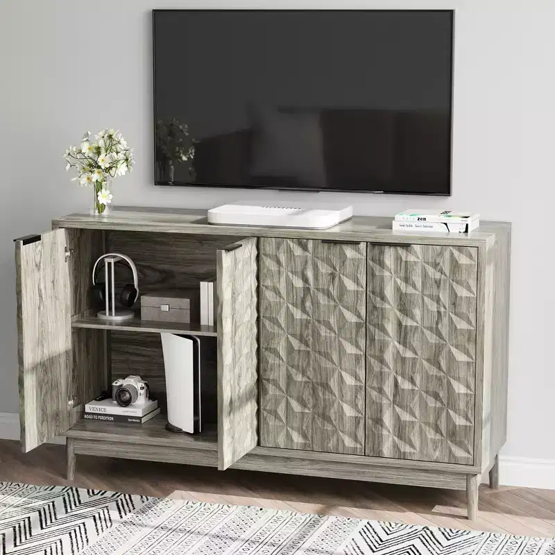 GDFStudio Hwei Modern 55.12'' Storage Cabinet with 4 Diamond-shaped Relief Doors and Adjustable Shelves