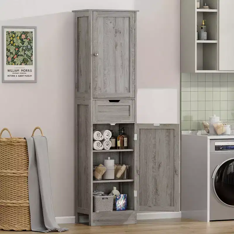 Tall Bathroom Cabinet with Adjustable Shelves & 1 Drawer, Storage Cabinet with 2 Doors, Narrow Tall Cabinet, Floor Cabinet for Bathroom, Grey
