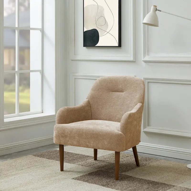 Chenille Armchair, Modern Style Accent Chair with Wood Legs, Comfy Design for Living Room, Bedroom, Office