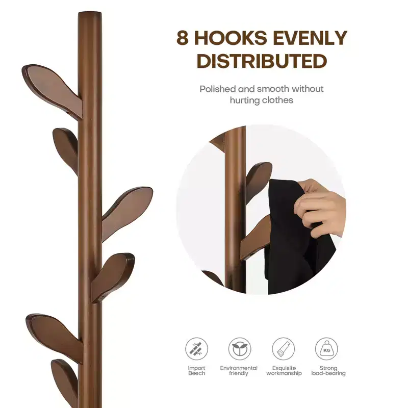 Bekrvio Freestanding Coat Rack With 8 Leaf Hooks, 3-Size Height Adjustable Clothes Hanger for Jacket/Hat - Entryway,Corner, Bedroom
