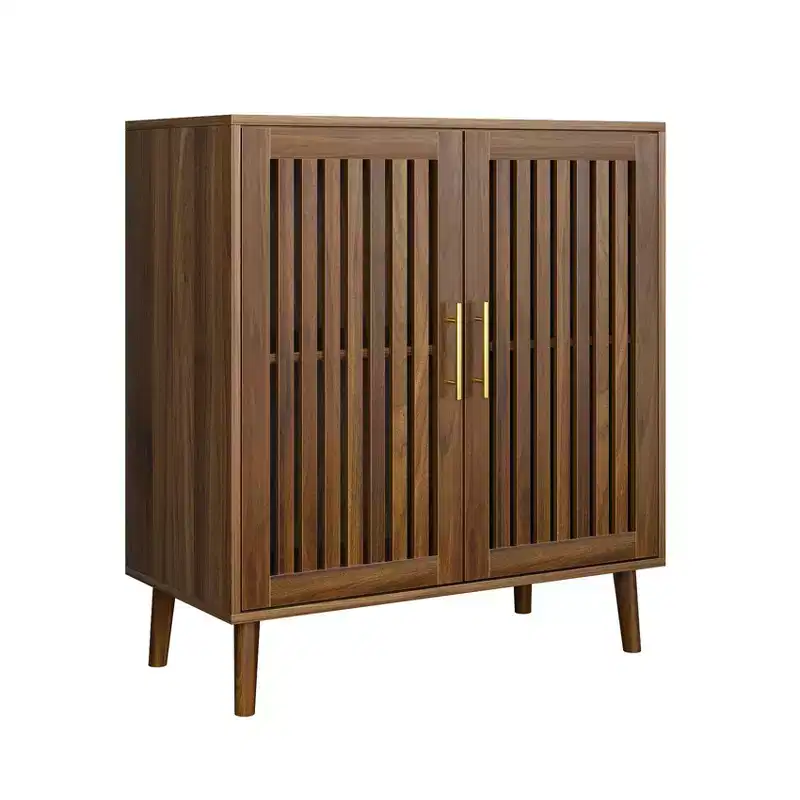 Homy Casa Modern Slatted 2-Door Storage Cabinet with MDF & Particle Board Construction, Accent Sideboard for Living Room & Entryway, Walnut