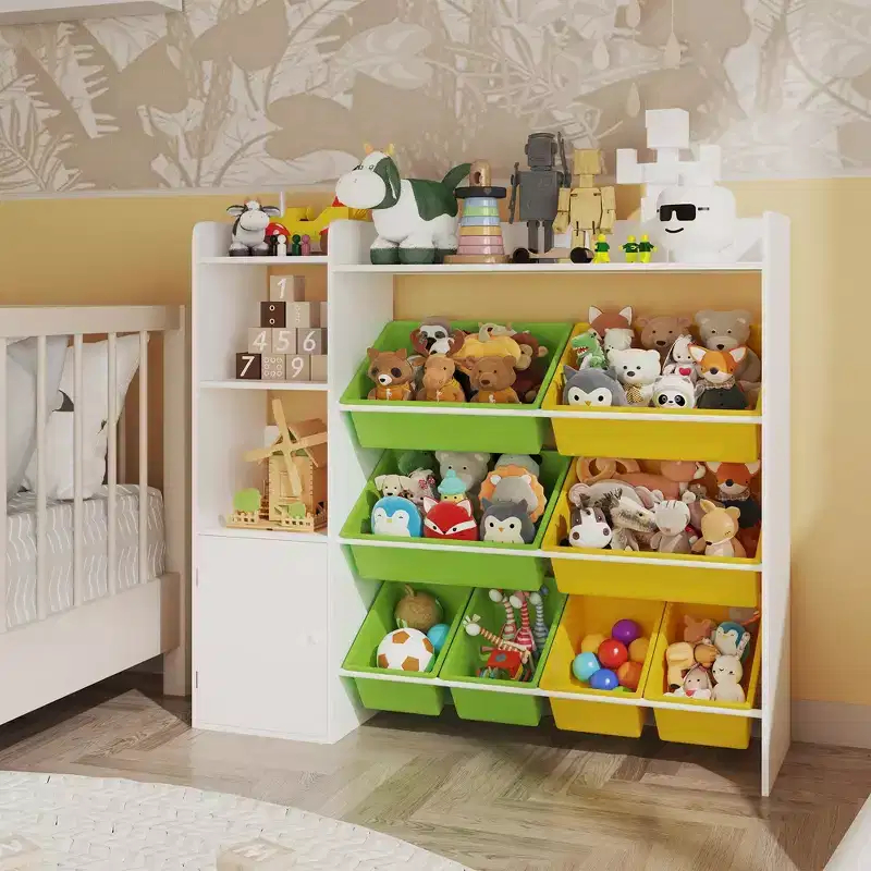 White & Multicolor 4-in-1 Kids Storage Bookshelf with 8 Bins, for 1 Child