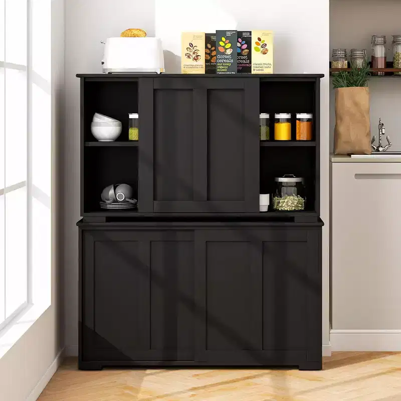 Buffet Sideboard with Sliding Doors & Adjustable Shelf, Brown/Black/Grey/Antique White