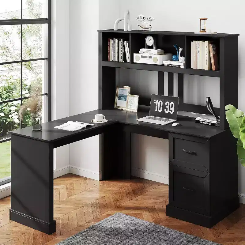 Zevemomo 60 L Shaped Desk with Hutch and Drawers, Corner Computer Desk with Open Storage Shelves,for Home Office or Bedroom, Modern Black