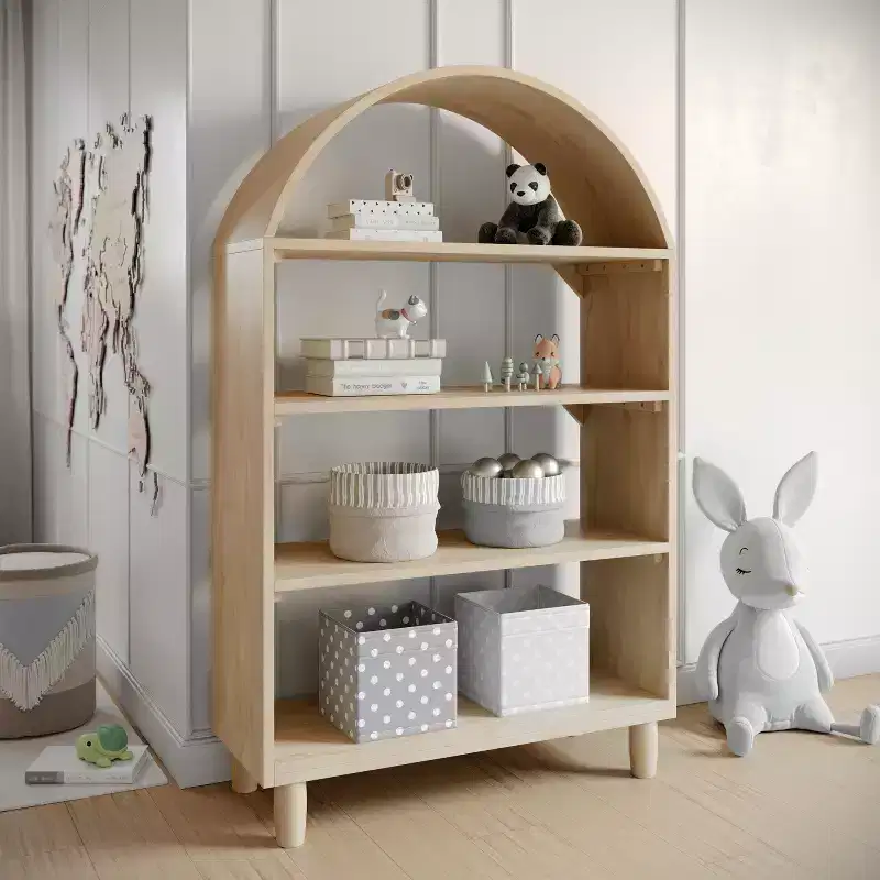 Buzz & Bloom Wood Open Bookshelf with Covered Rounded Top, 4 Shelves, and Cylindrical Legs