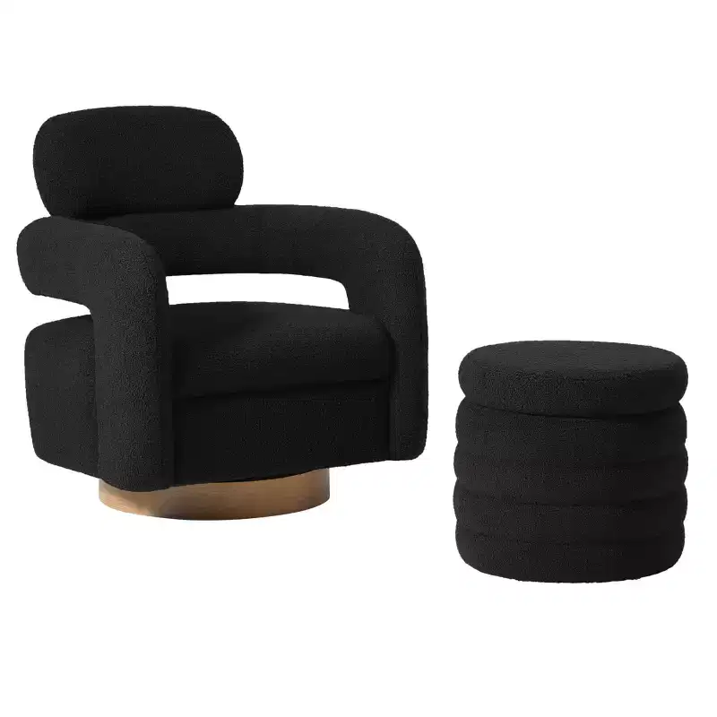 WestinTrends Alexandria Mid-Century Modern Faux Shearling Swivel Barrel Accent Chair With Storage Ottoman