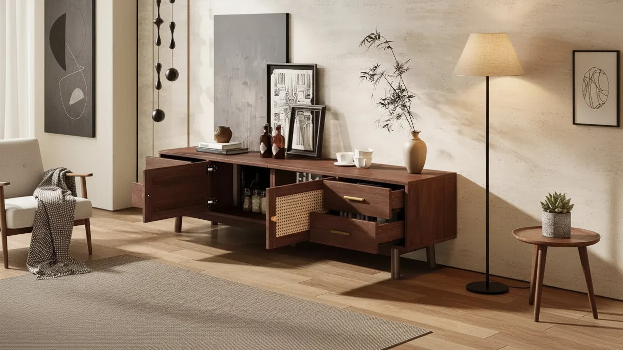 70-inch Mid-Century Modern TV Stand, suitable for TVs up to 80 inches, featuring roller shutters and recessed drawers, for the living room