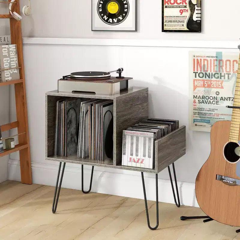 Record Player Stand Turntable Stand w/ Built-in Charging Station Metal Legs