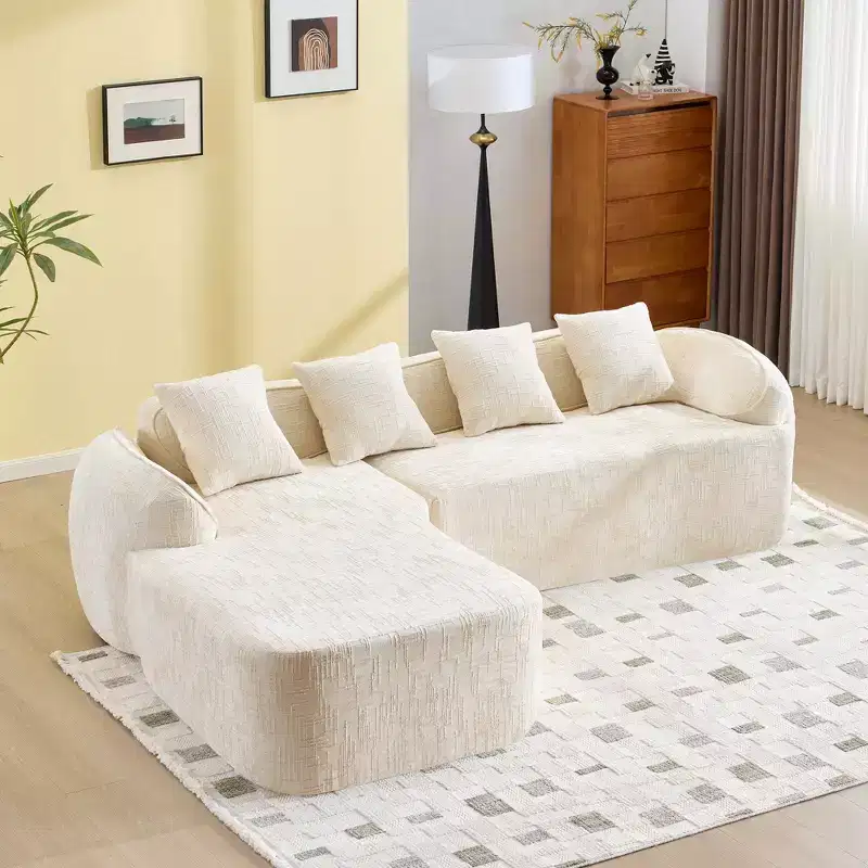 Beige Chenille L-Shape Sofa w/ Curved Arms & 4 Pillows  Neutral, Plush, Space-Smart