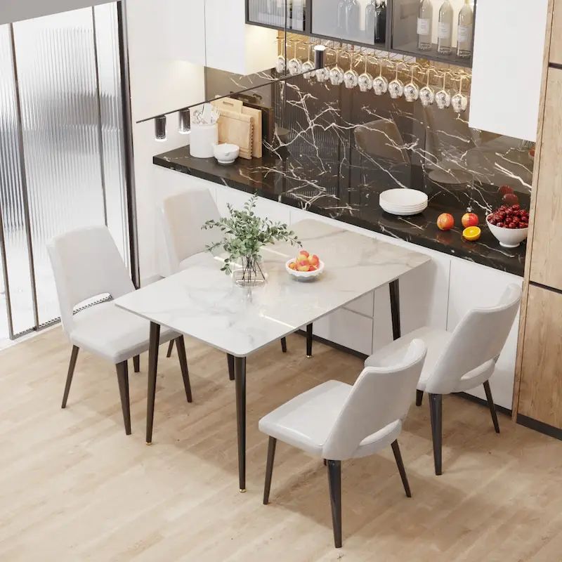 6 Seater Kitchen Dining Table Modern Marble Tabletop Rectangular with Tapered Metal Legs
