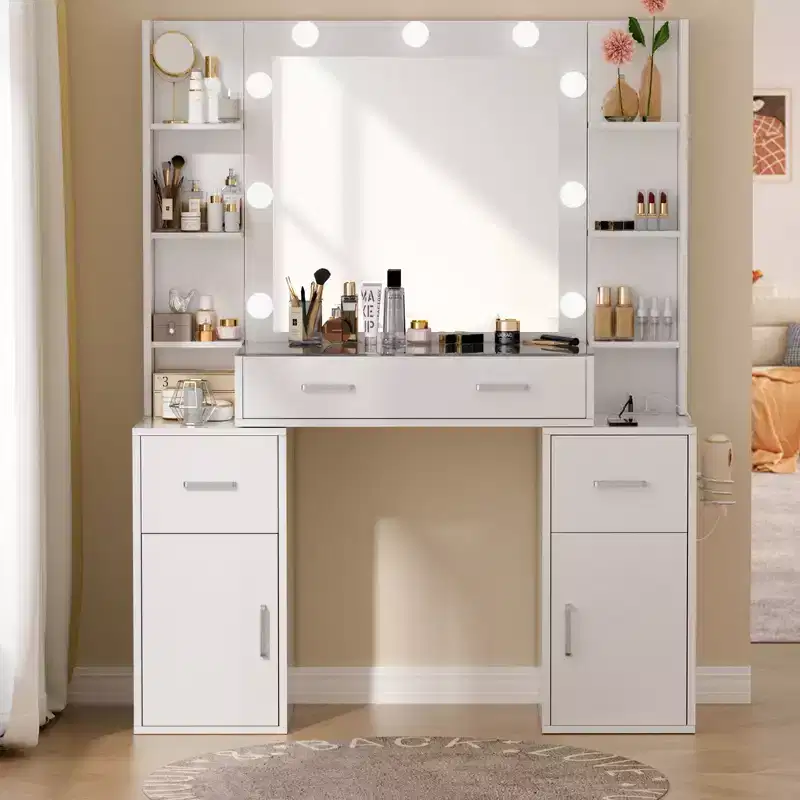 Vanity Desk with Mirror and Lights, Glass Top, Charging Station, Mirror, Nightstand, 3 Lighting Modes, White