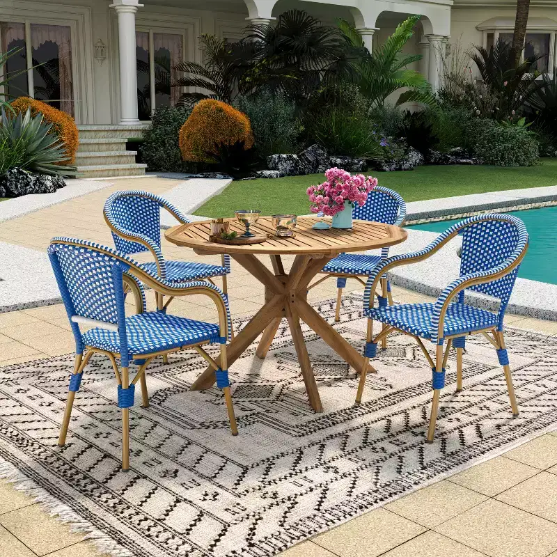 Christopher Knight Home Lontine 5 Piece French PE Rattan Outdoor Dining Set with Acacia Wood Dining Table