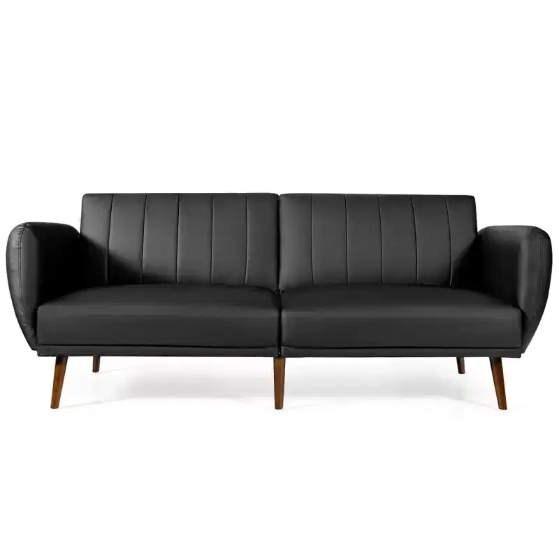 Convertible Futon Sofa Bed with Adjustable Backrest and Wood Legs
