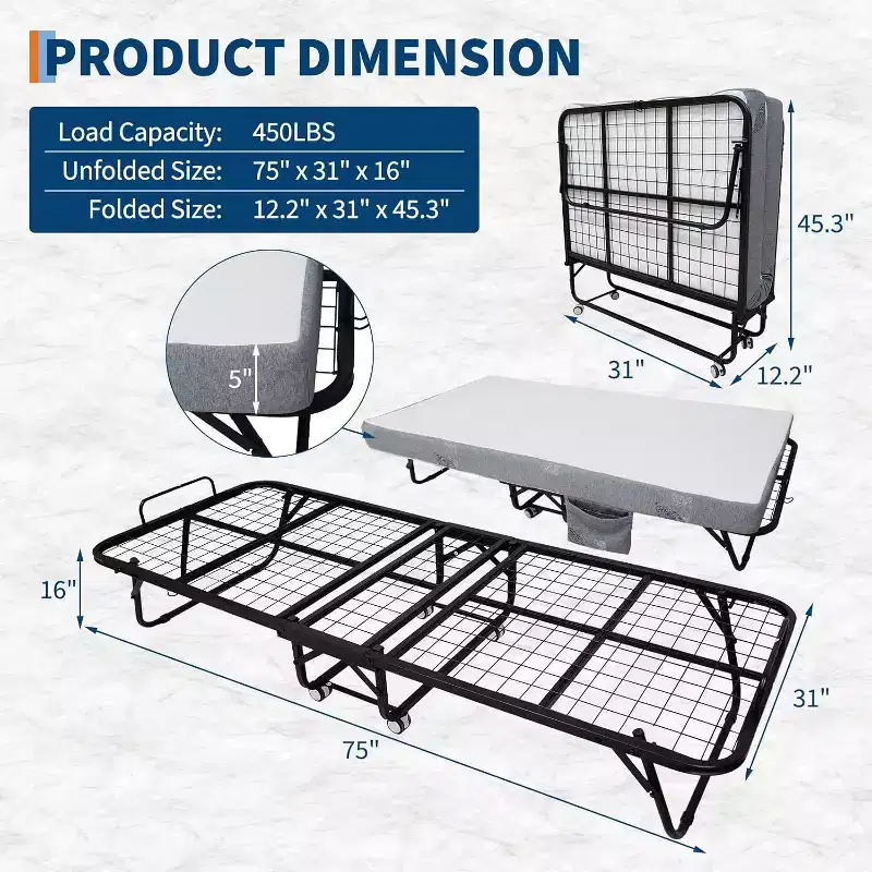 Folding Bed with Mattress for Adults,Portable Rollaway Guest Beds , Foldable Metal Frame Bed with 5 Memory Foam Mattress & Side Storage Pocket