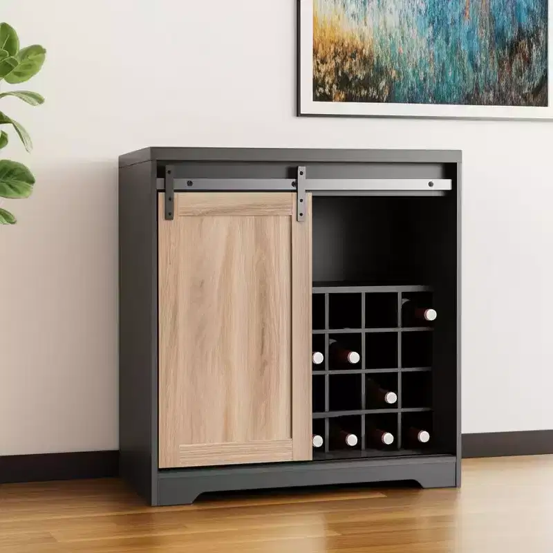 HomeRoots 32 Charcoal And Natural Wood Barn Door Bar Cabinet