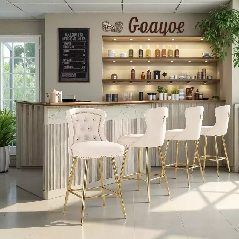 MAYEERTY Beige Velvet Bar Stools Set of 2, Button-Tufted Wing-Back,Metal Legs for Kitchen Island & Pub
