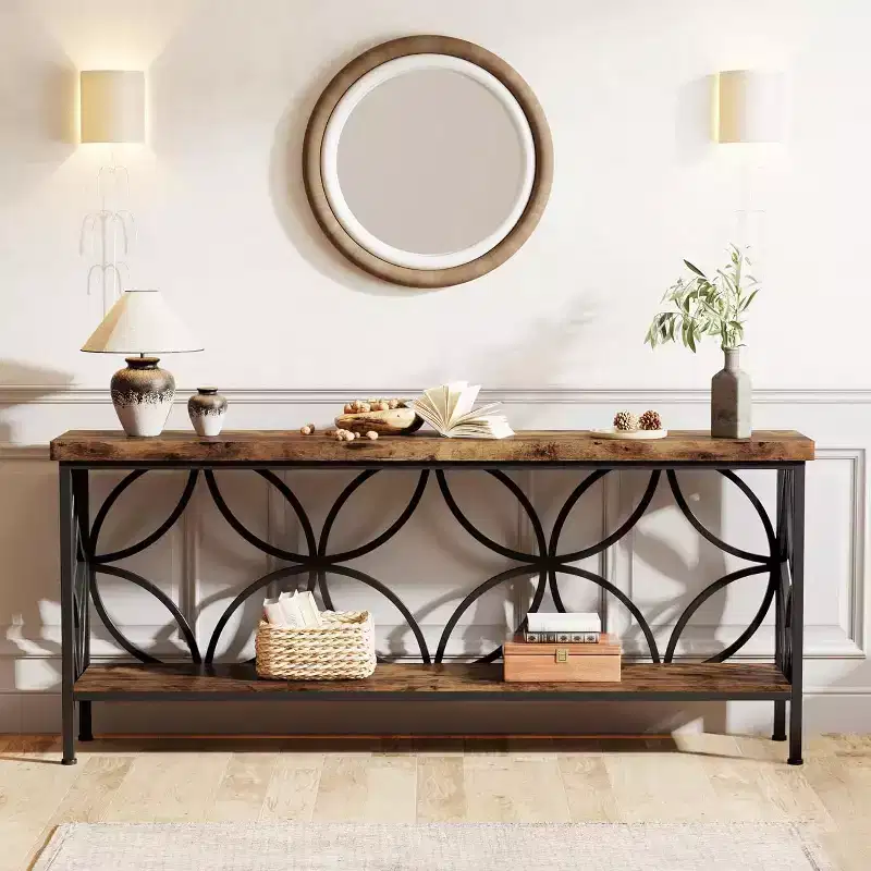 Industrial Metal Extra Long Console Table with Storage Base, Modern Narrow Entryway Table, Sofa Table for Hallway, Living Room