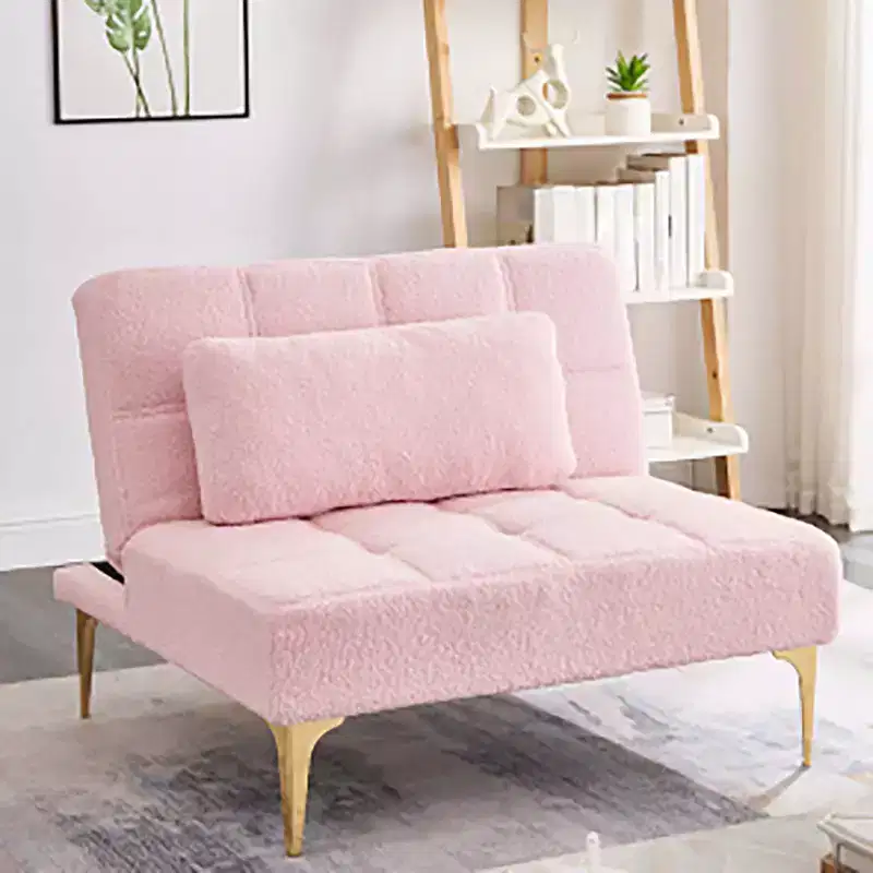 Convertible Futon Sofa Bed Modern Teddy Fabric Loveseat Sleeper Couch With Adjustable Backrest Metal Legs For Small Spaces Living Room