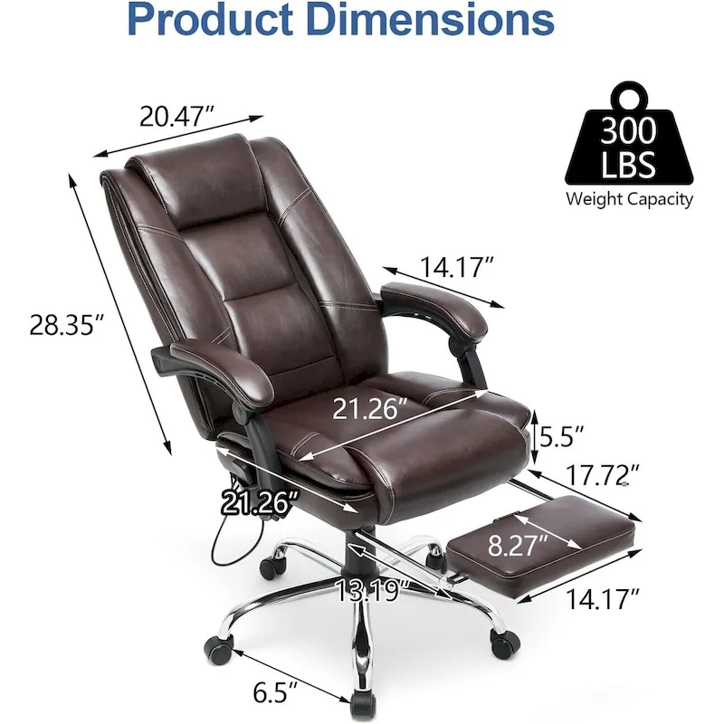 Ergonomic Heated Executive Office Chair, 2/4/6-Point Massage, Retractable Footrest, PU Leather