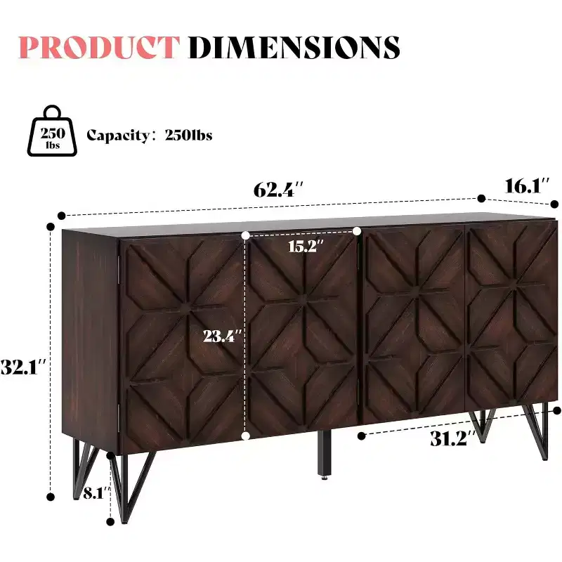 AMERLIFE 63 Acacia Wood Sideboard Buffet with Hand-Carved Geometric Door, Console Cabinet with Adjustable Shelves, Dark Walnut