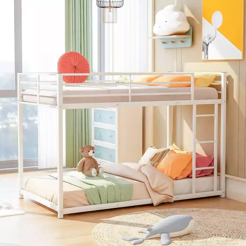 White Twin-Over-Twin Metal Bunk Bed with Ladder, 2-Person