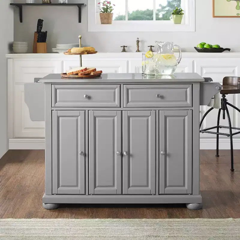 Full-Size Kitchen Island Cart Gray with Stainless Steel Top and Storage