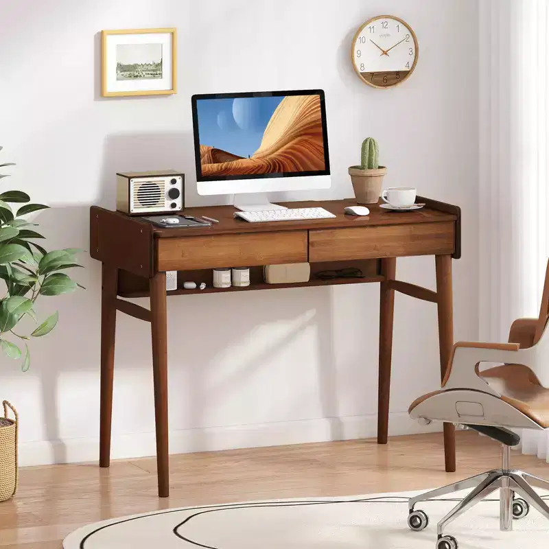 Costway Bamboo Writing Desk 39.5 Computer Study Desk with 2 Storage Drawers & Open Shelf
