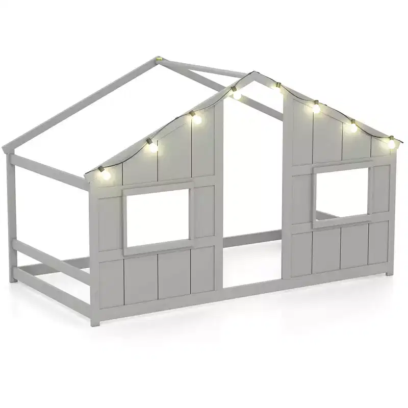 Twin Size House Floor Bed with LED Lights Solid Wood Bed Frame without Slats Gray/Natural/White