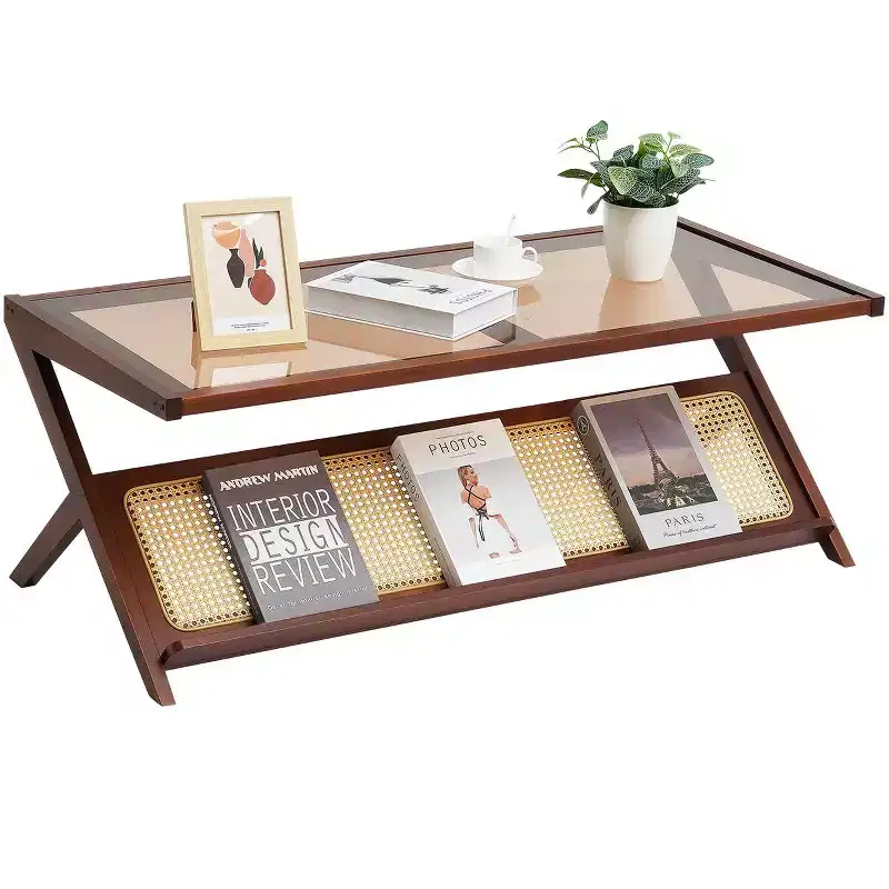 Z-Shaped Rattan Woven Bamboo Coffee Table with Tempered Glass Top – 47
