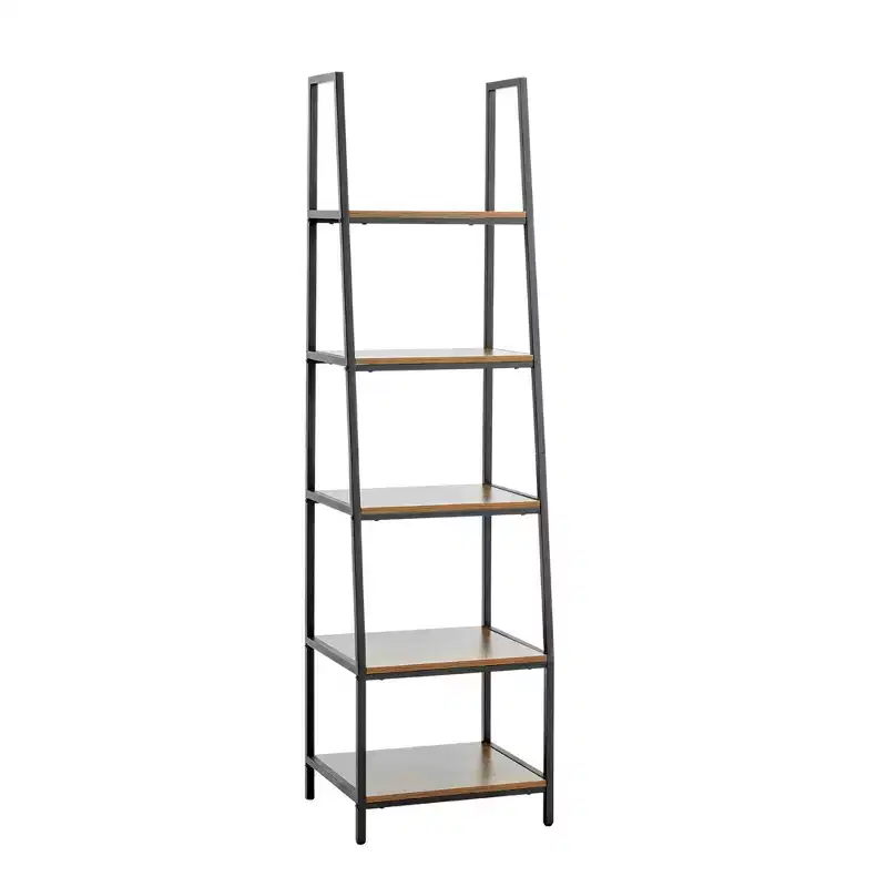 Freestanding Industrial 5 Tier Open Shelf Ladder Bookcase, Gray & Brown