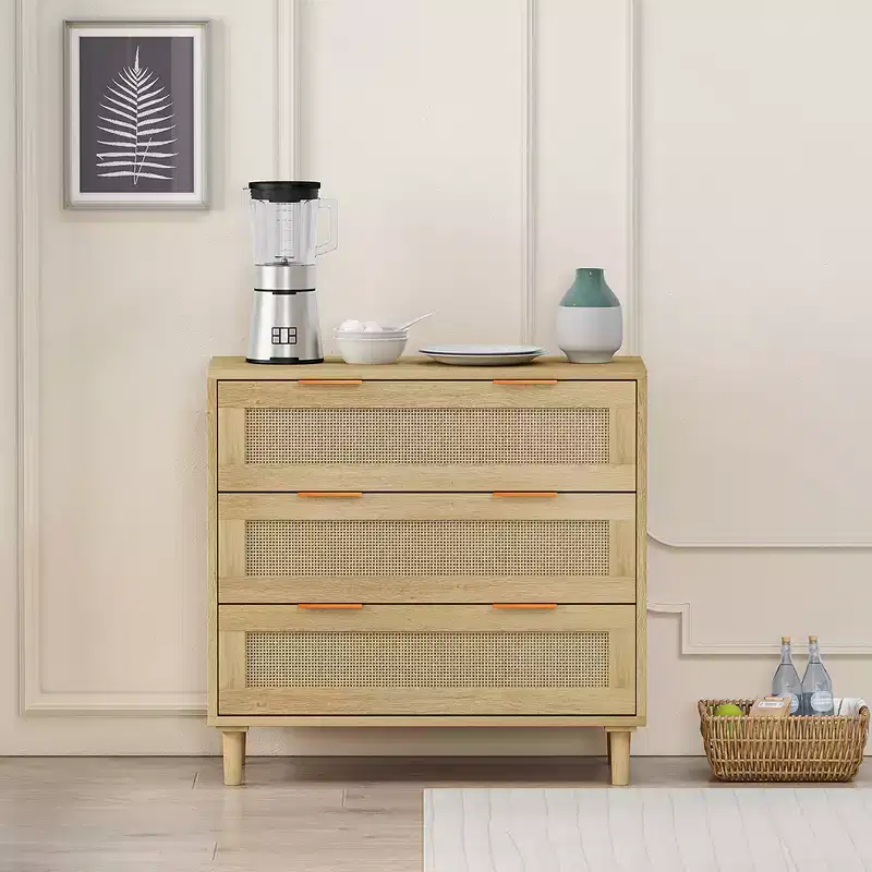 3-Drawer Chest of Drawers, Kitchen Storage Cabinet with 3 Deep Rattan Drawers, Buffet Cabinet with Iron Handle