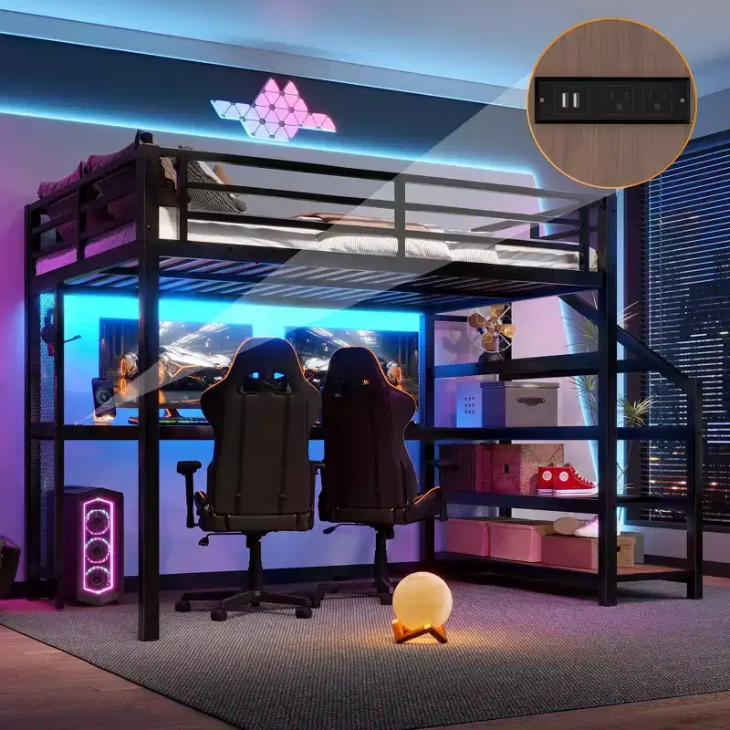Full/Queen Size Metal Loft Bed with Desk, LED Light, USB Ports, Storage Stairs & Multifunctional Iron Nets, Black