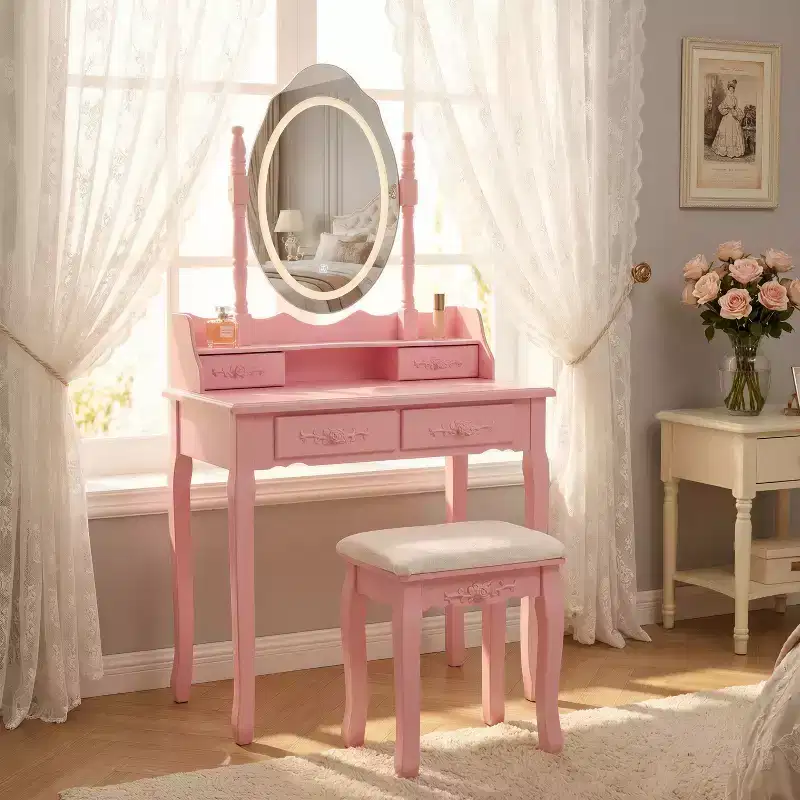 Modern Makeup Vanity Desk with Mirror and Lights, 4 Drawers, Matching Stool for Girls' Rooms, Pink Finish, Dimmable Lighting