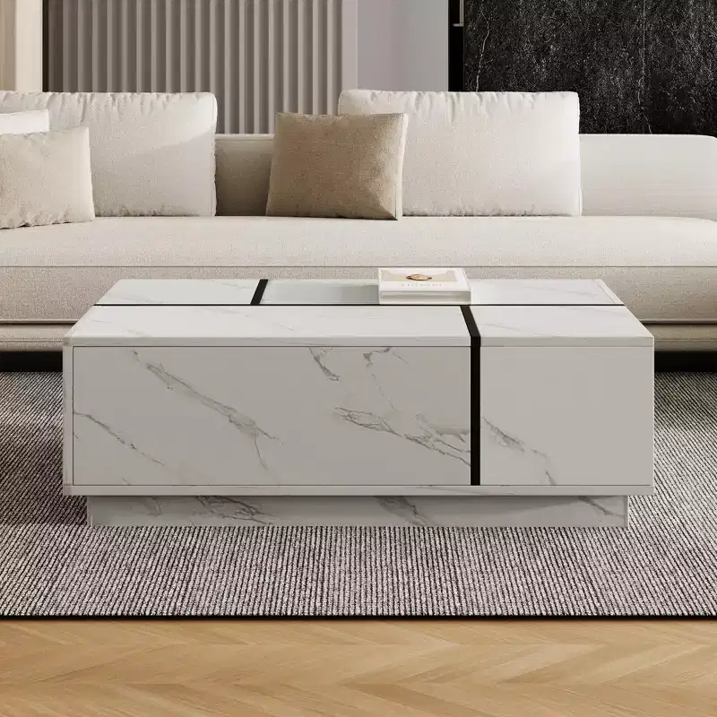 A Rectangular Sliding Top Coffee Table with 2 Drawers and 2 Hidden Storage Spaces, Suitable for the Living Room
