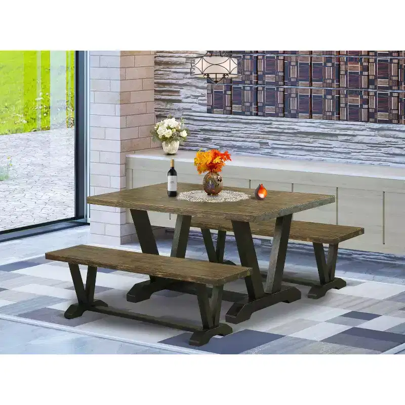 HomeStock 3-Piece Rectangle Distressed Jacobean Finish Solid Wood Top Dining Table with 2-Benches