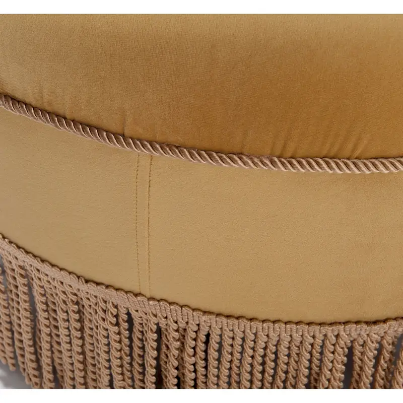 Velvet Round Accent Ottoman with Tassel Fringe, Vintage Tufted, Single Seat