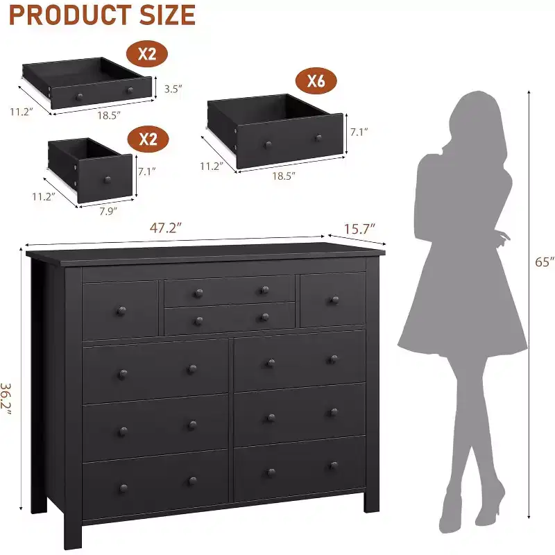 COZONY 10 Drawer Dresser, 47 Wide Wooden Chest of Drawers for Bedroom, Long Dresser TV Stand with Storage for Living Room, Hallway