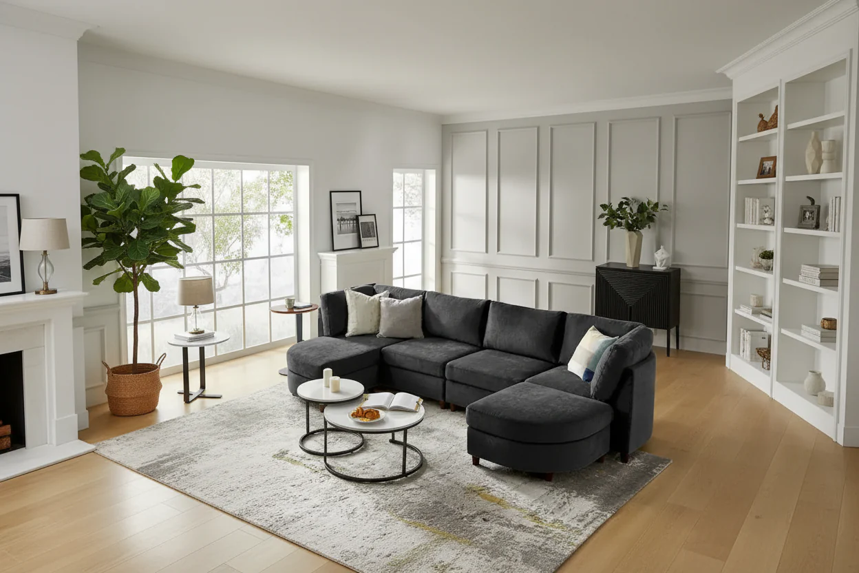 Modular Sectional Sofa with Under-Seat Storage, Built-In Table and Solid Wood Legs