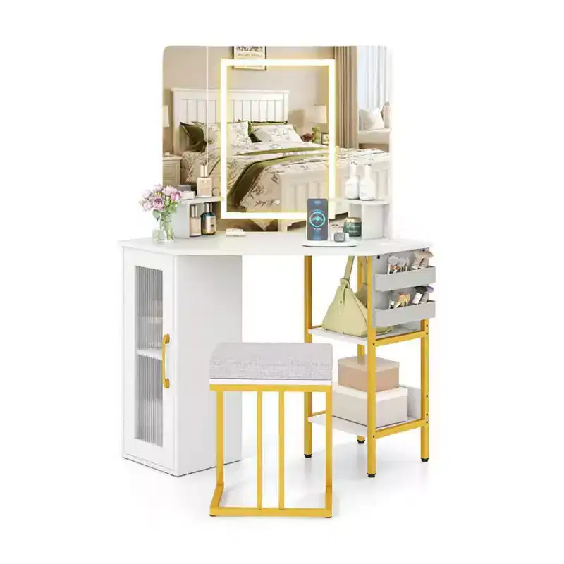 Okak Modern Makeup Vanity with Color Adjustable Triple Mirror, Corner Vanity with Sool and Metal Frame, Vanity Set for Living Room, Bedroom, White