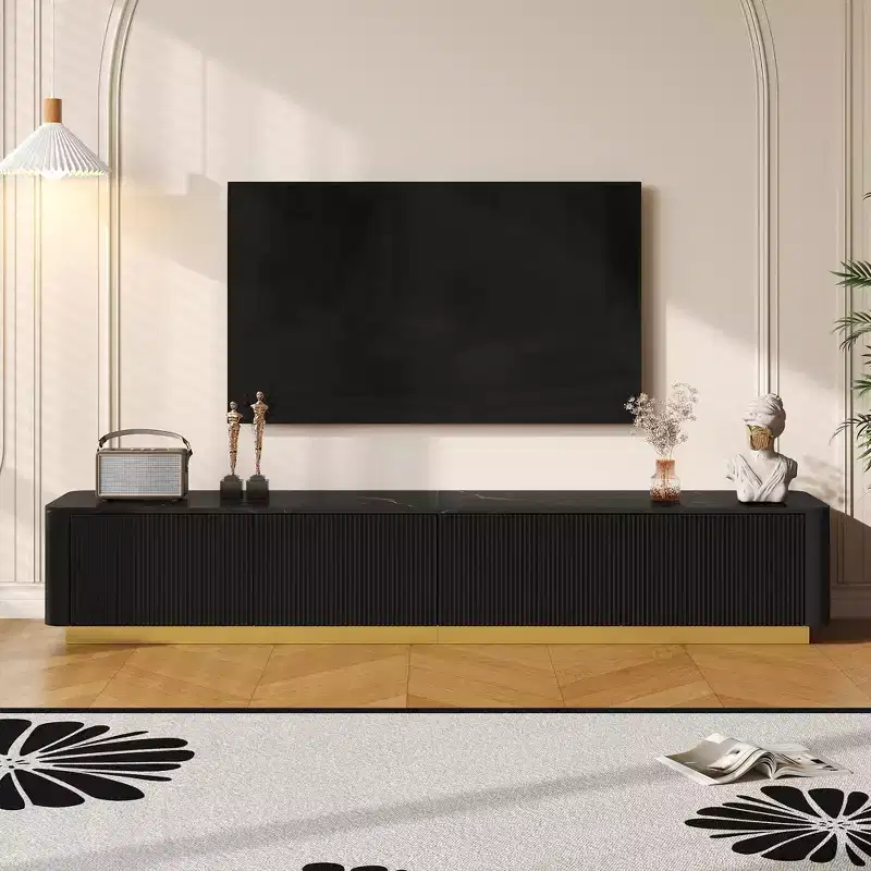 Fluted TV Stand for TVs Up to 85, Faux Marble Tabletop Media Console with 4 Drawers, Entertainment Center with Gold Base