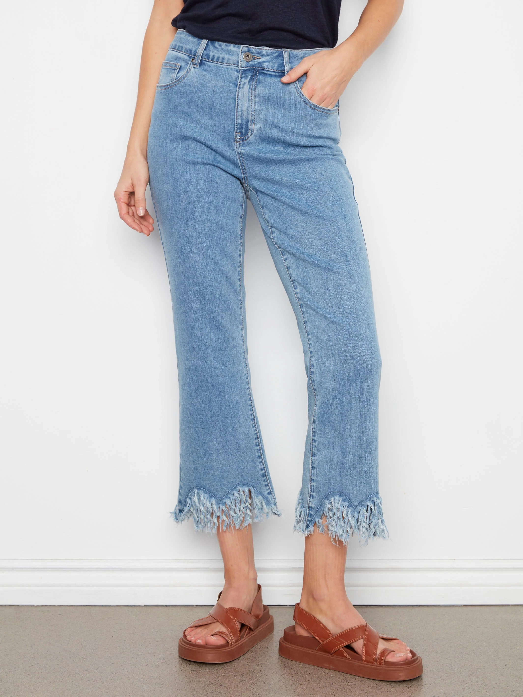 Cropped Jeans With Fringed Hem - Blue Jean