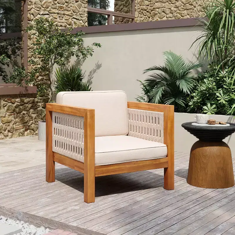 Christopher Knight Home Maya Boho Patio Acacia Wood Club Chair with Armrest and Cushions